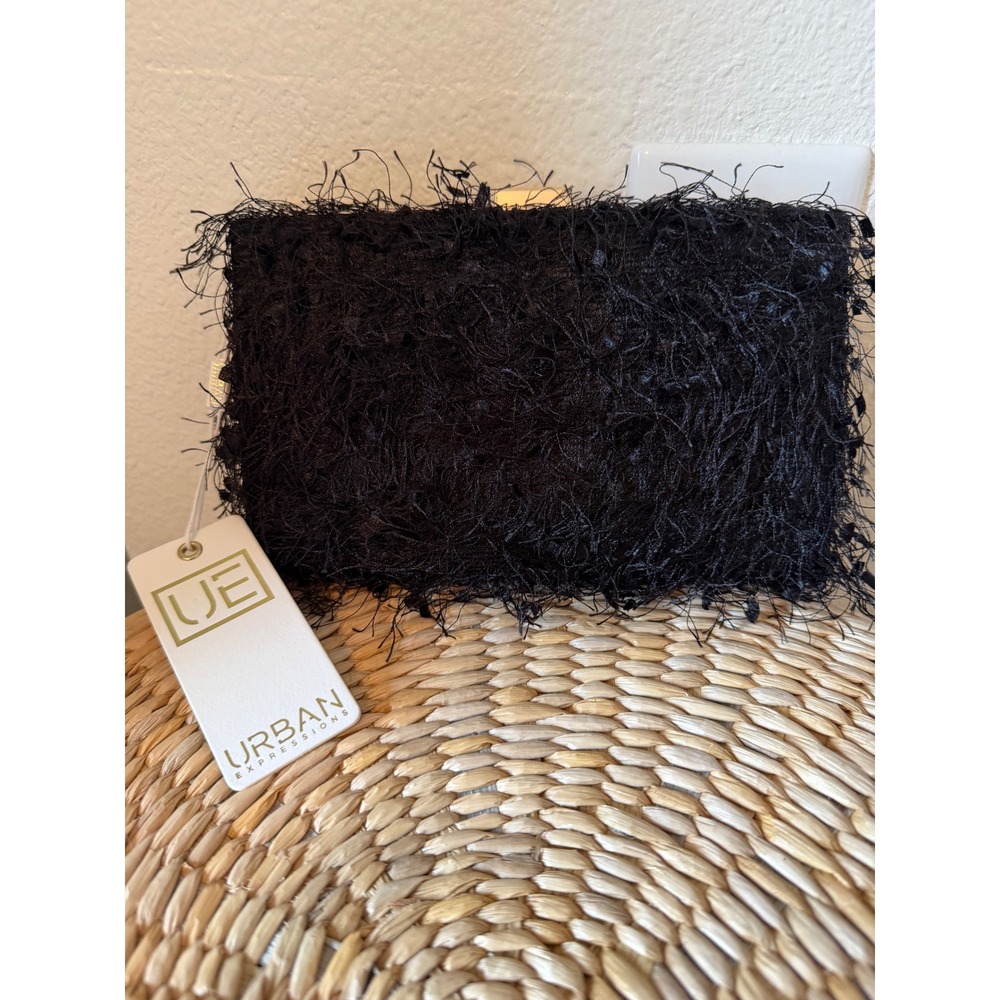 Urban Expressions Black Fringe Box Clutch Bag Gold Hardware Detachable Chain